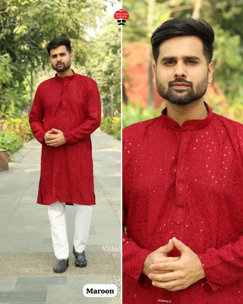 Men’s Chikan Work Kurta With Sequins in Heavy Rayon Fabric 9