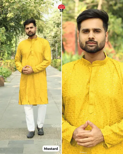 Men’s Chikan Work Kurta With Sequins in Heavy Rayon Fabric 7