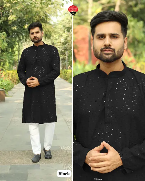 Men’s Chikan Work Kurta With Sequins in Heavy Rayon Fabric 6