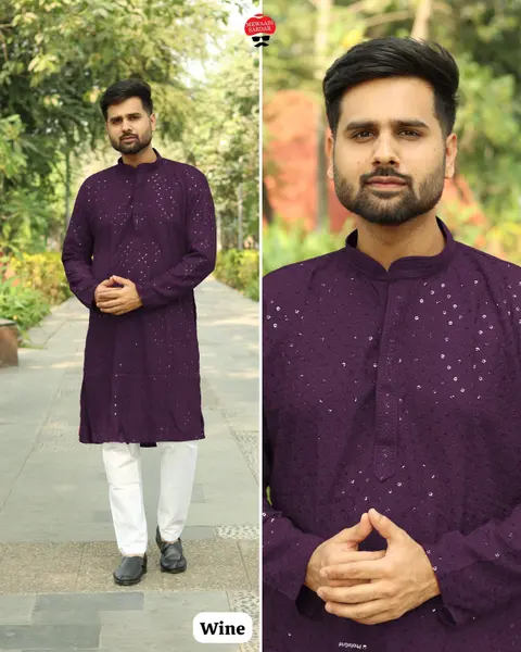 Men’s Chikan Work Kurta With Sequins in Heavy Rayon Fabric 5