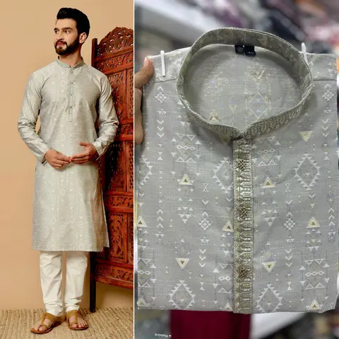 Designer Silk Kurta pajama with Embroidered Patti & Fancy Buttons 5