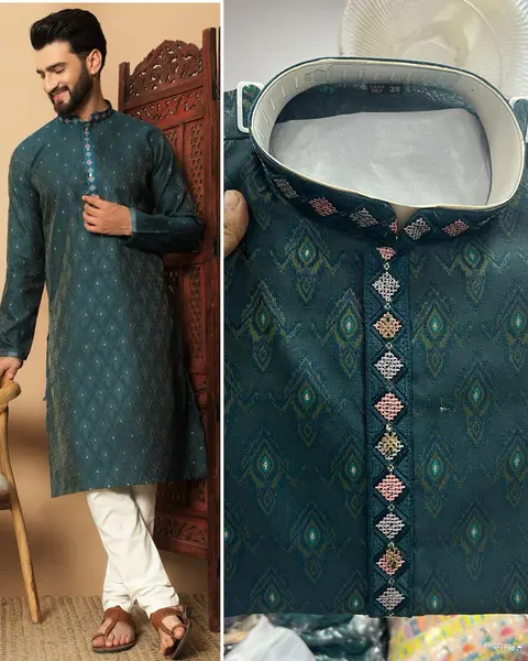 Designer Silk Kurta pajama with Embroidered Patti & Fancy Buttons 4
