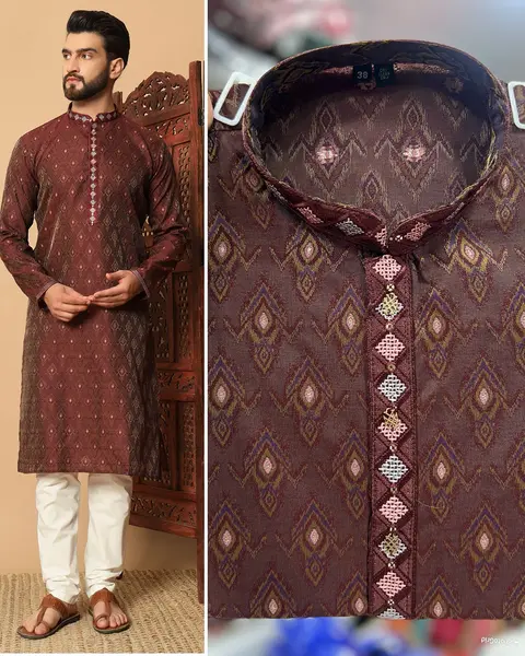 Designer Silk Kurta pajama with Embroidered Patti & Fancy Buttons 3