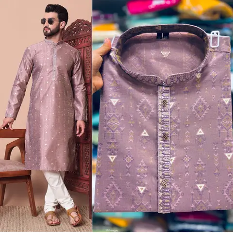 Designer Silk Kurta pajama with Embroidered Patti & Fancy Buttons 2
