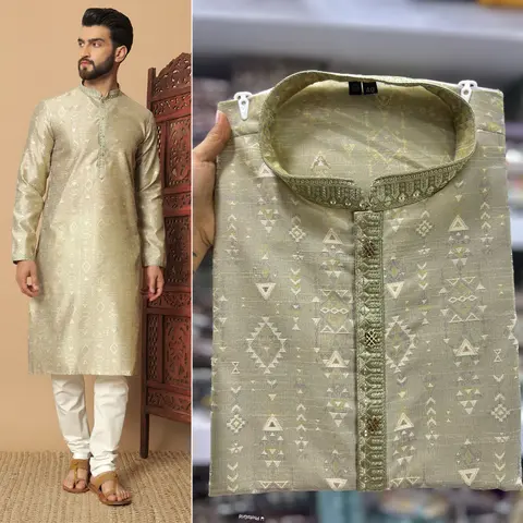 Designer Silk Kurta pajama with Embroidered Patti & Fancy Buttons 1