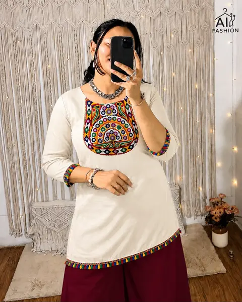 Women's Gamthi Embroidery Short Rayon Kurti with Real Mirror Work | Festive Navratri Top | Ethnic Short Kurti 10