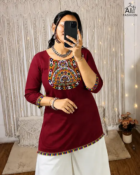 Women's Gamthi Embroidery Short Rayon Kurti with Real Mirror Work | Festive Navratri Top | Ethnic Short Kurti 9