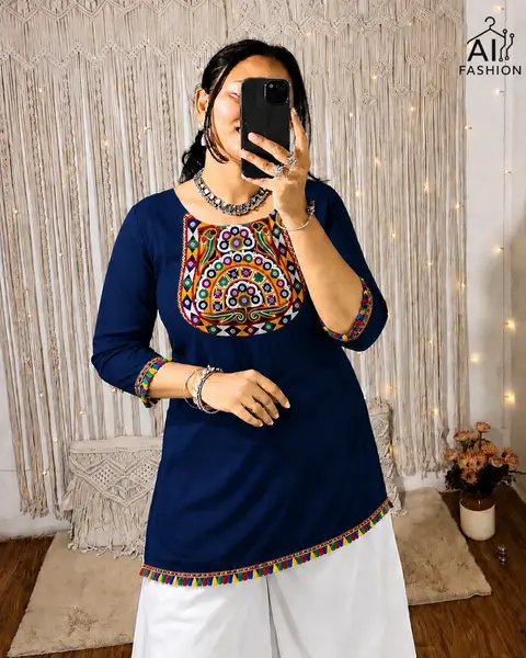 Women's Gamthi Embroidery Short Rayon Kurti with Real Mirror Work | Festive Navratri Top | Ethnic Short Kurti 7