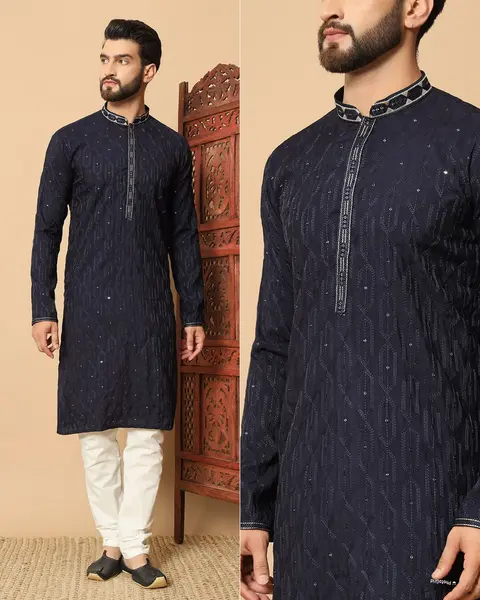 Men’s Premium Silk Kurta with Embroidery Patti & Sequins 6