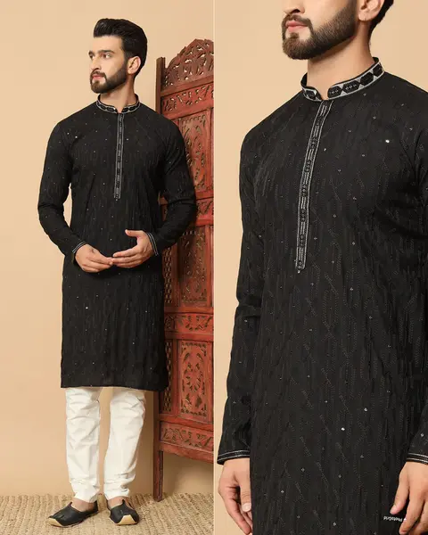 Men’s Premium Silk Kurta with Embroidery Patti & Sequins 5
