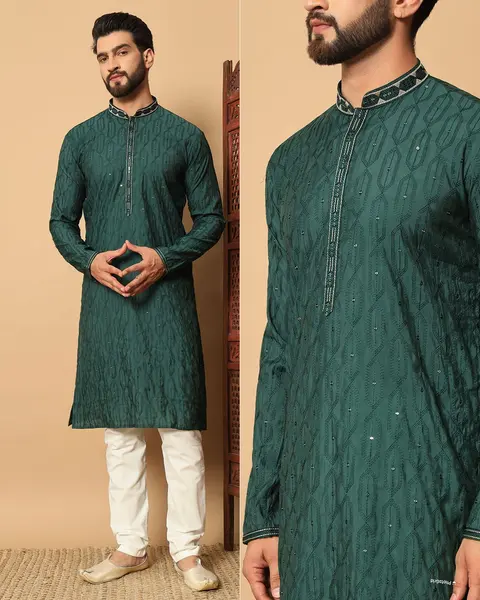 Men’s Premium Silk Kurta with Embroidery Patti & Sequins 4