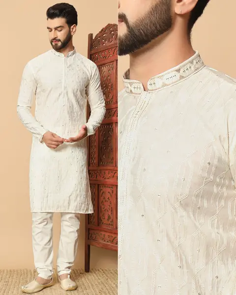 Men’s Premium Silk Kurta with Embroidery Patti & Sequins 3