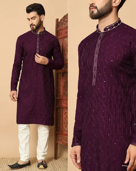 Men’s Premium Silk Kurta with Embroidery Patti & Sequins 2