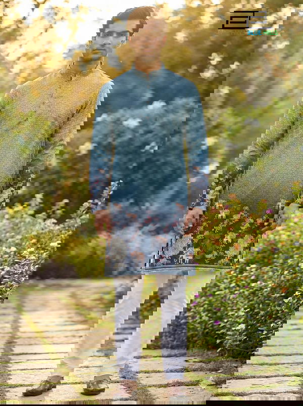 Blue elephant printed daaman work kurtas set