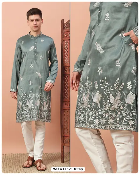 Men’s Premium Silk Kurta with Embroidery & Sequins Work 8
