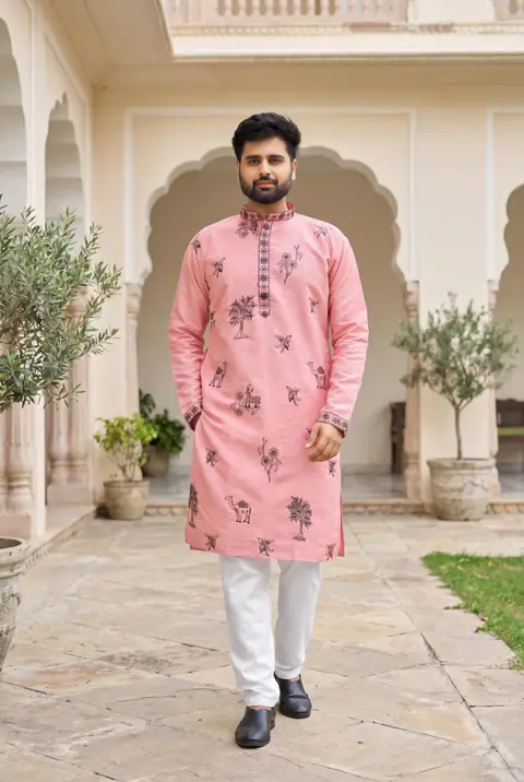 Men’s Festive Kurta with Embroidery in Roman Silk 8