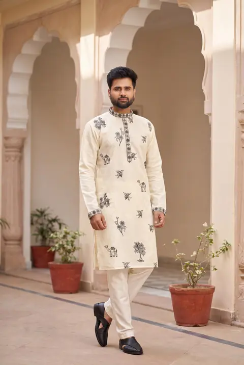 Men’s Festive Kurta with Embroidery in Roman Silk 7