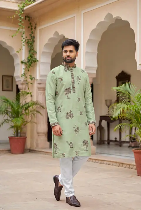 Men’s Festive Kurta with Embroidery in Roman Silk 6
