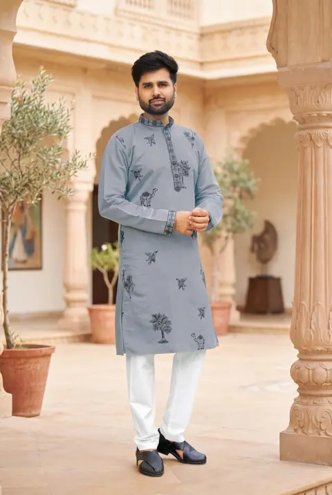 Men’s Festive Kurta with Embroidery in Roman Silk 5