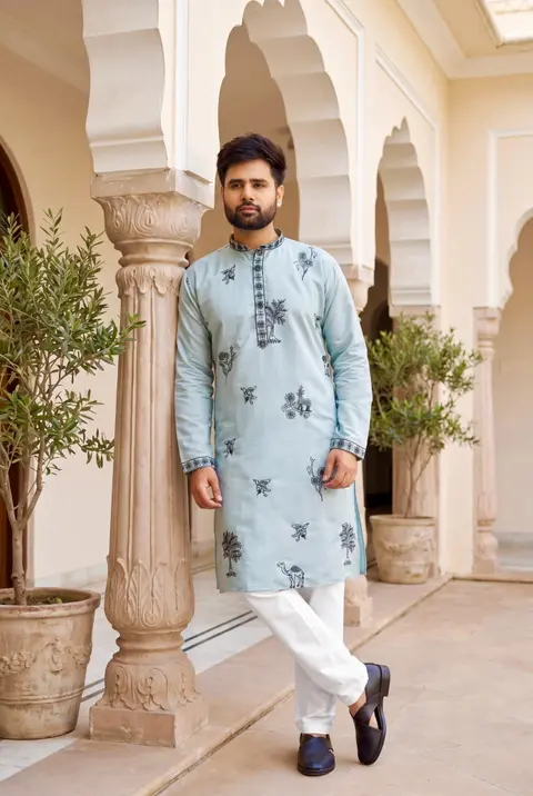 Men’s Festive Kurta with Embroidery in Roman Silk 4