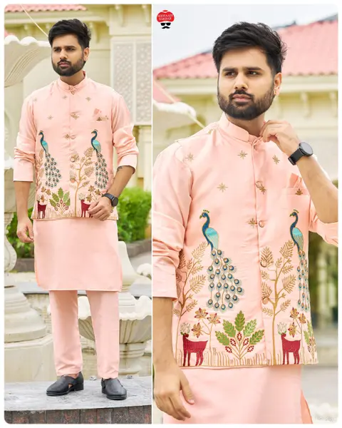 Men’s Kurta Koti Pyjama Set with Heavy Embroidery 8