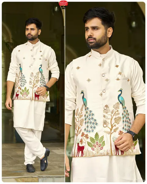 Men’s Kurta Koti Pyjama Set with Heavy Embroidery 7