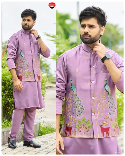 Men’s Kurta Koti Pyjama Set with Heavy Embroidery 6