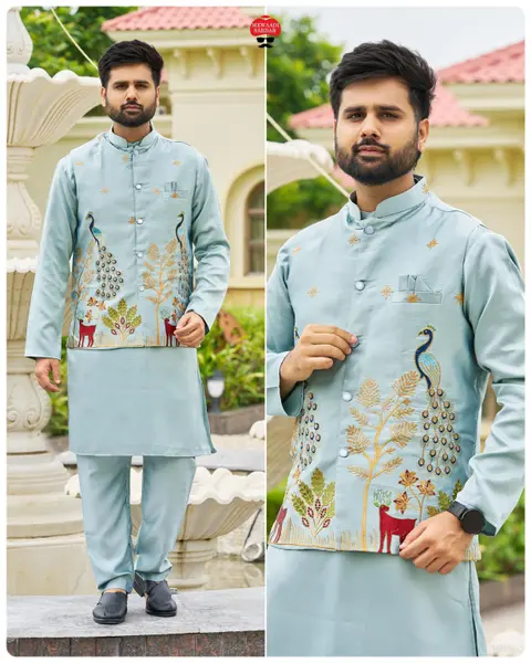 Men’s Kurta Koti Pyjama Set with Heavy Embroidery 5