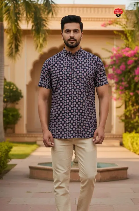 Stylish Men’s Short Kurta in Printed Cotton Fabric 2