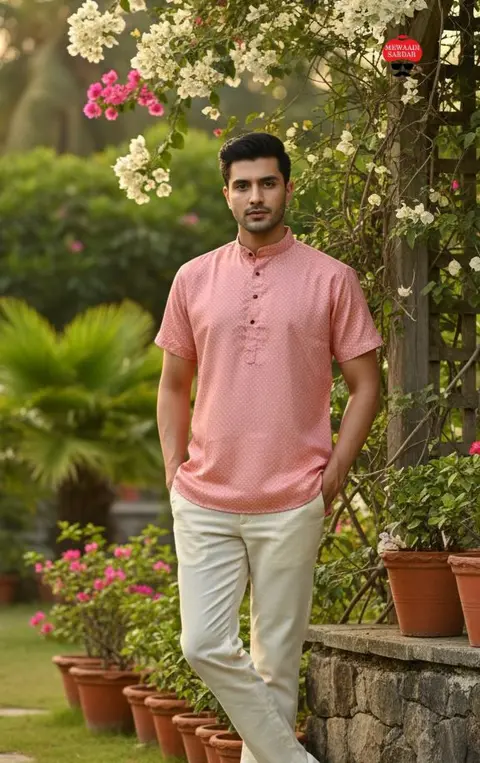 Men’s Printed Cotton Short Kurta – Half Sleeve Festive Wear 2