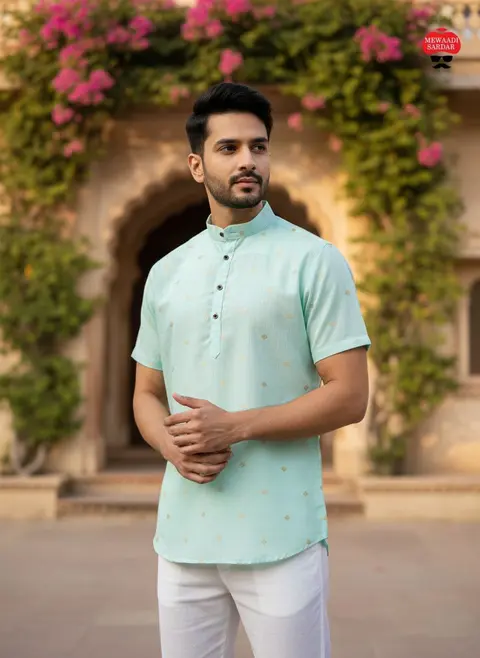 Men's Linen Cotton Short Kurta with Jacquard Butta – Premium Summer Collection 7