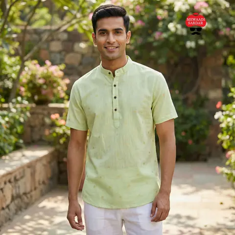 Men's Linen Cotton Short Kurta with Jacquard Butta – Premium Summer Collection 8