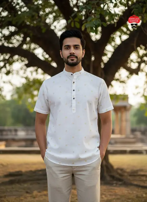 Men's Linen Cotton Short Kurta with Jacquard Butta – Premium Summer Collection 6