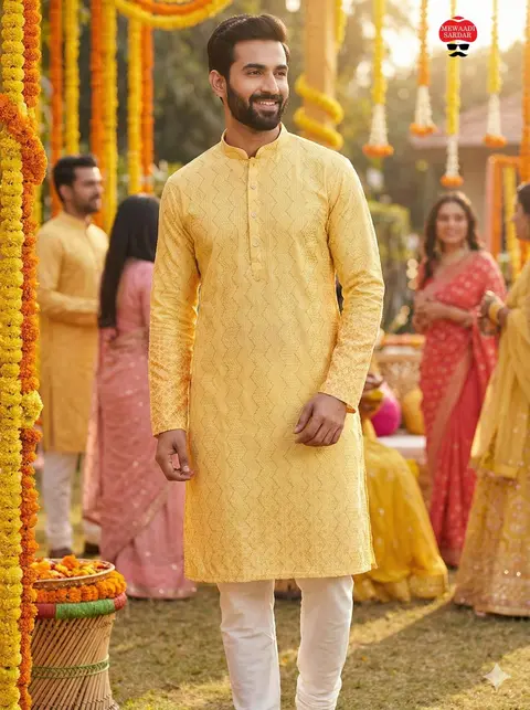 Yellow Haldi Special Stylish Men’s Kurta pyjama 2