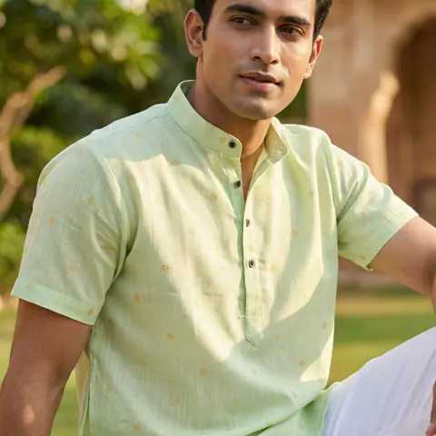Men's Linen Cotton Short Kurta with Jacquard Butta – Premium Summer Collection 5