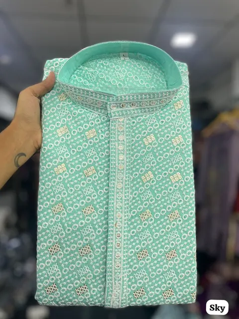 Designer Chikan Schiffli Kurta with Pyjama for Men 10