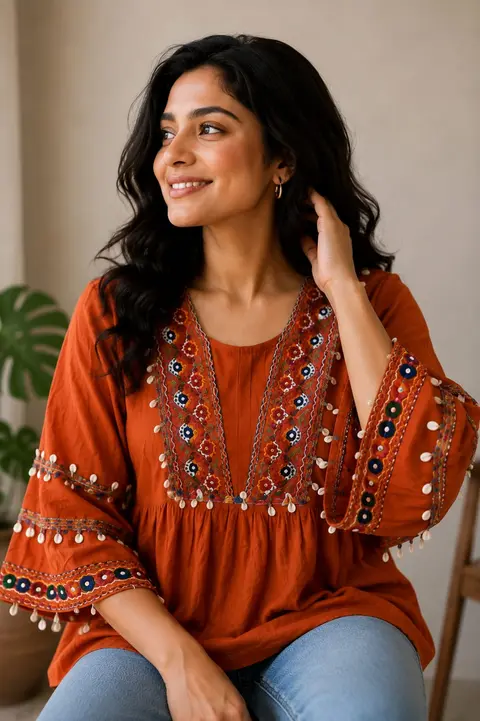 Navratri Special Gamthi Work Short Kurti with Bell Sleeves 5