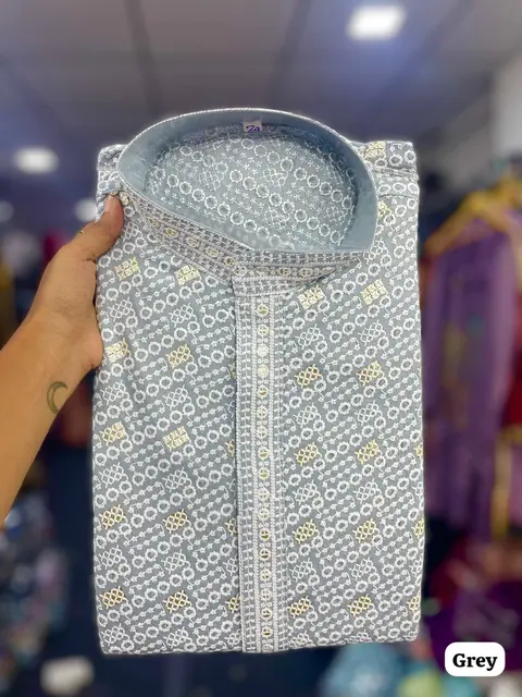 Designer Chikan Schiffli Kurta with Pyjama for Men 9