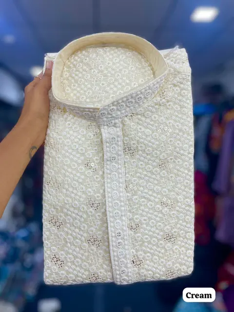 Designer Chikan Schiffli Kurta with Pyjama for Men 8