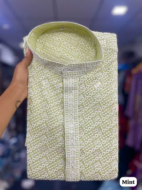 Designer Chikan Schiffli Kurta with Pyjama for Men 7