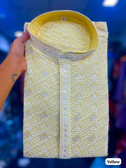 Designer Chikan Schiffli Kurta with Pyjama for Men 6