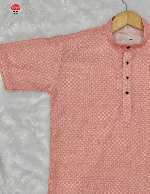 Men’s Printed Cotton Short Kurta – Half Sleeve Festive Wear 1