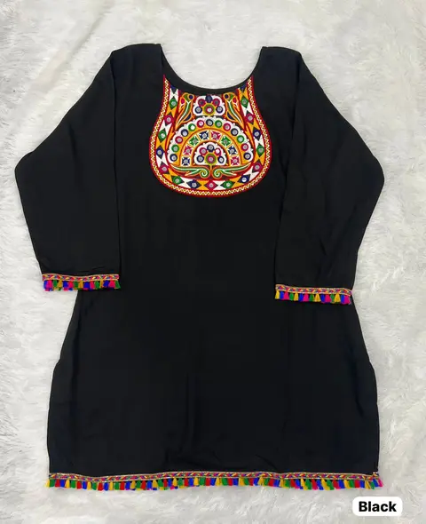 Women's Gamthi Embroidery Short Rayon Kurti with Real Mirror Work | Festive Navratri Top | Ethnic Short Kurti 4