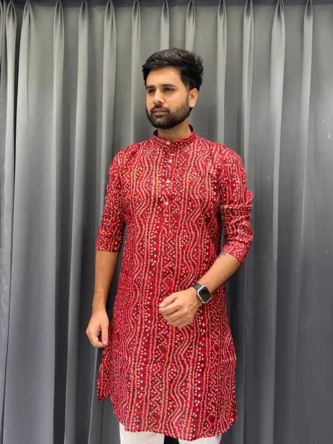 Festive Wear Bandhani Kurtapajama for Men in Cotton Fabric 5
