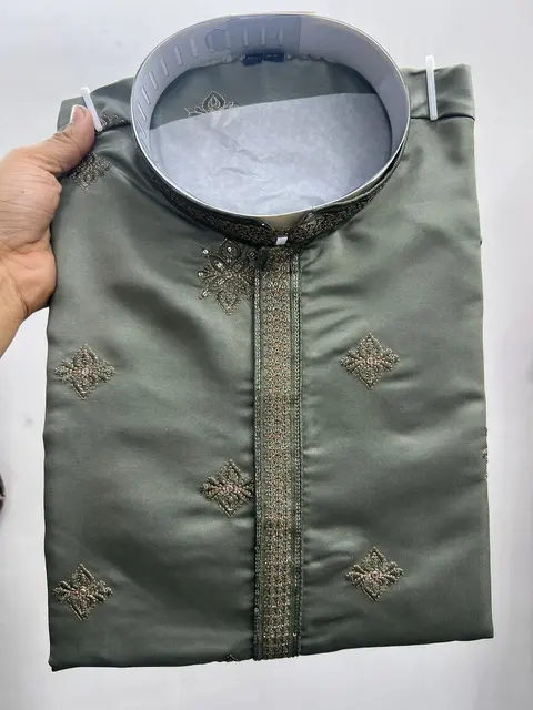 Men’s Royal Silk Kurta Pyjama with Embroidery Sequins Work 7