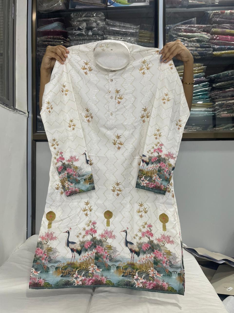 White peacock Printed daaman work kurtas 1