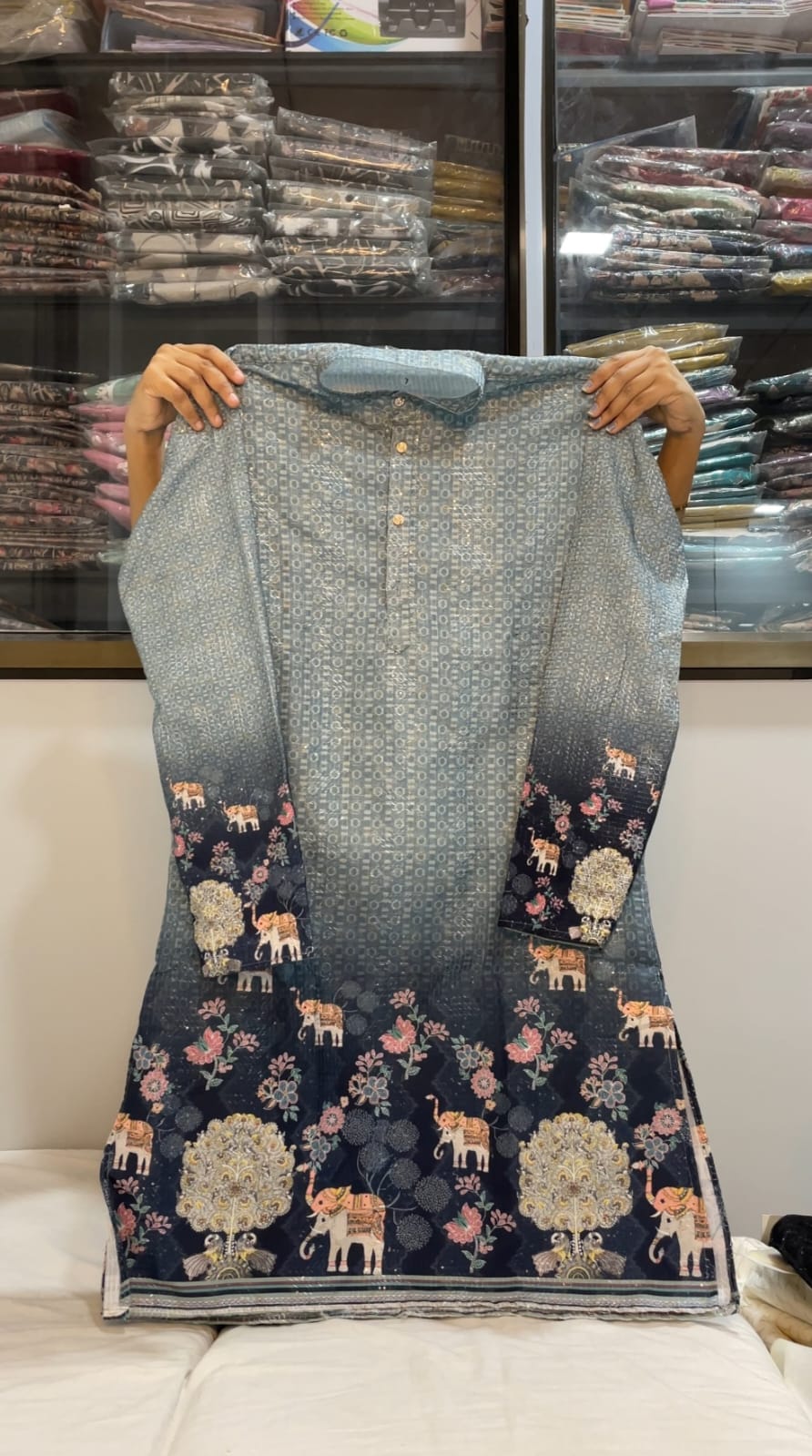 Blue elephant printed daaman work kurtas set 1