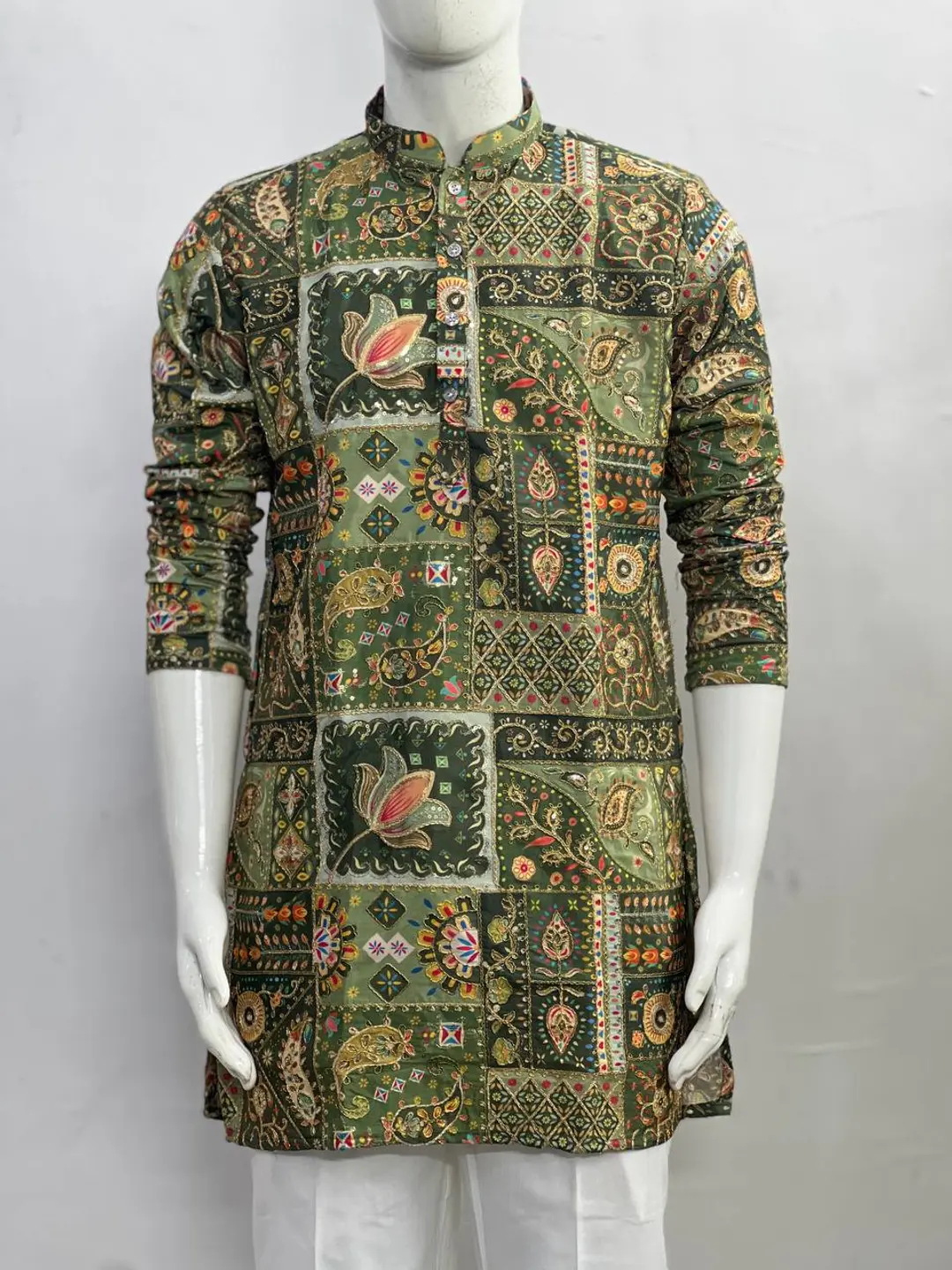 Green designer kurta with polo pants 1