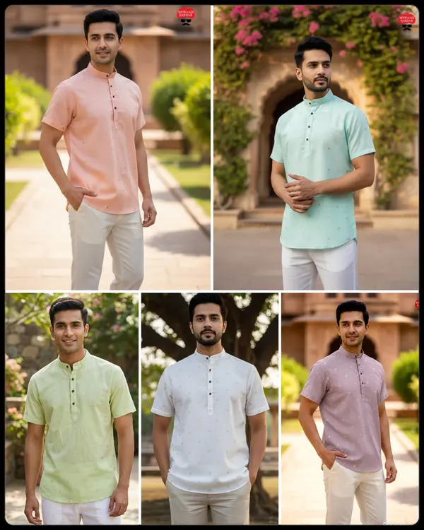 Men's Linen Cotton Short Kurta with Jacquard Butta – Premium Summer Collection