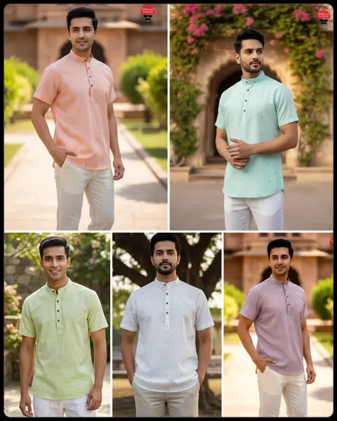 Men's Linen Cotton Short Kurta with Jacquard Butta – Premium Summer Collection 4